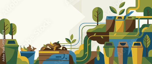 Panoramic Vector Banner Illustration of a Recycling and Composting Corner with Waste Bins, Organic Compost Pile, Trees, and Plants for Environmental Sustainability and Eco-Friendly Living.