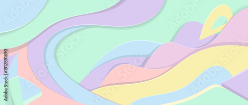 Panoramic vector banner illustration of a modern abstract Easter background with soft curves in pastel colors, layered paper cut style with wavy shapes for spring holiday design and decor.
