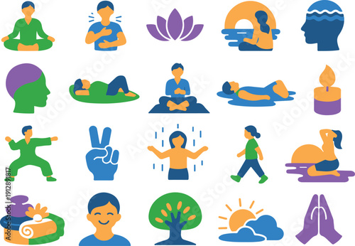 Comprehensive Wellness and Mental Health Flat Icon Set: Vector Collection of Yoga, Meditation, Relaxation, Spa Treatments, Nature, and Mindfulness Symbols for Digital Design Projects