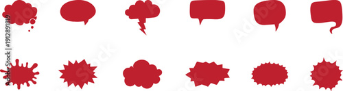Red comic speech bubble and explosion shape icon set in flat style. Cartoon dialog clouds, bursts, and splash symbols for pop art, messaging, or creative design. Bold graphic elements collection 