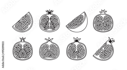 Pomegranate Halves and Slices Collection, Outline Drawing, Isolated on White