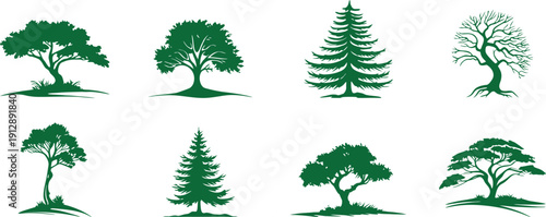 tree silhouettes collection with various forest and park shapes. Nature inspired vector set featuring oak, pine, and decorative trees. Botanical clipart bundle for landscape design.