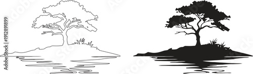Tree silhouette landscape icon with outline and solid styles by water reflection. Minimal nature scene symbol for ecology, scenery, or outdoor branding design. Elegant lone tree illustration isolated.