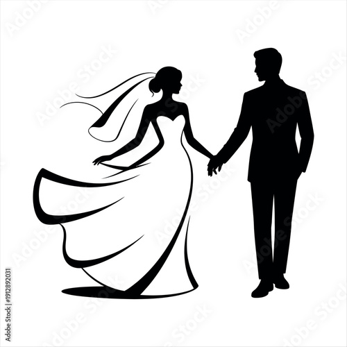 A black silhouette of a man and woman in a wedding dress Vector