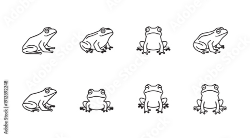 Set of 8 Frog Icons in Black and White Outline Style