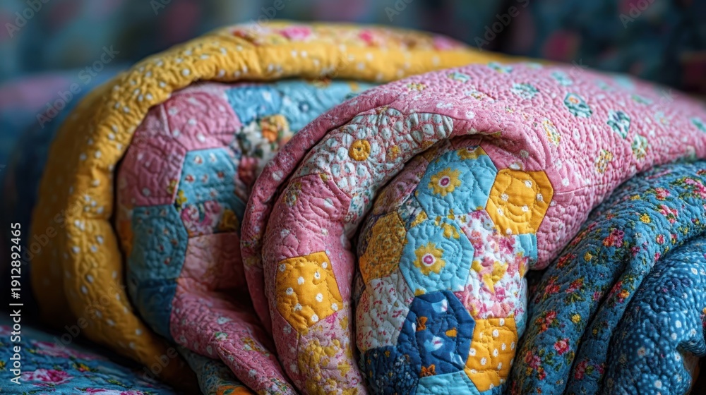 Obraz premium Colorful quilt showcases vibrant patterns and cozy textures in a warm indoor setting