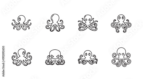 Set of eight cute octopus icons with varying tentacle designs, isolated on white, stock media