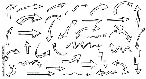Hand drawn collection of various doodle arrows in black outline style indicating direction movement navigation and abstract pointers for design