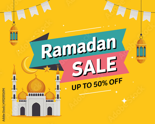 Ramadan sale banner with mosque and lanterns on yellow background