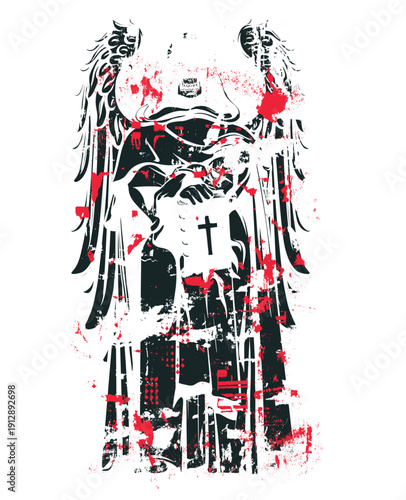 Grungy Distressed Angel Silhouette with Large Wings Holding a Holy Book with Cross - Dark Urban Street Art Graphic Illustration with Red Splatters