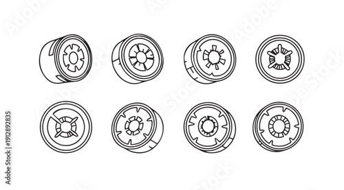 Set of eight identical circular components with internal gear-like details, line art