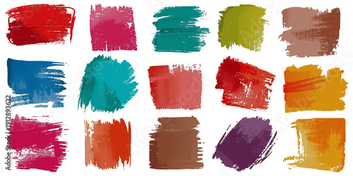 colorful abstract Paint Brush Stroke Set art piece featuring various brush strokes of green, blue, and brown hues on a white background.