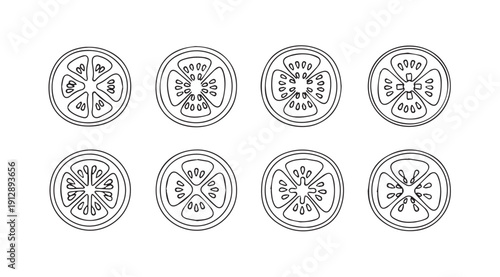 Tomato Slice Line Art Icons Collection Isolated on White Background