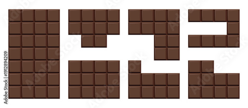 Broken chocolate bar pieces set on transparent background for food design and packaging, vector illustration