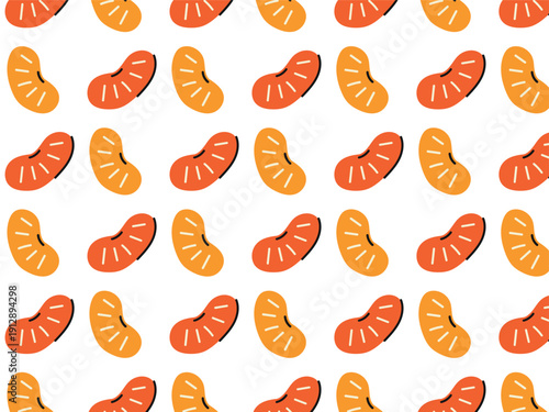 Seamless citrus fruit pattern with mandarins and oranges, bright hand drawn flat vector background with orange slices, whole fruits and green leaves, colorful botanical repeat design for packaging