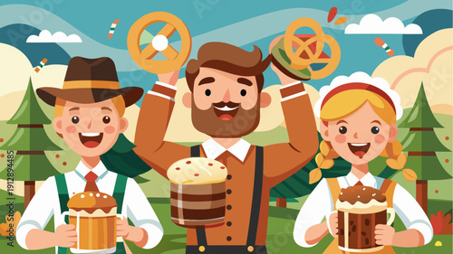 Flat vector illustration of oktoberfest celebration with happy bavarian people holding beer mugs and pretzels in traditional german costume outdoors