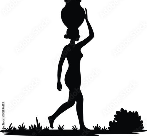 African woman silhouette carrying water pot on head, traditional village lifestyle vector illustration isolated on white background