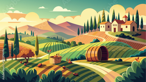 Flat vector illustration of rural vineyard landscape with rolling hills, farmhouse, cypress trees and wooden barrel in warm autumn countryside