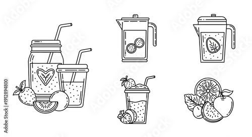 Healthy Fruit Smoothies and Juices Icons: Jar, Cup, Pitcher, Ingredients