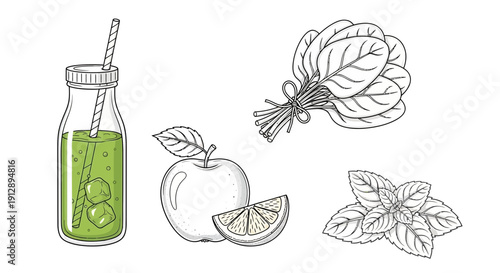 Healthy Green Smoothie Ingredients: Apple, Lemon, Spinach, Mint, and Drink