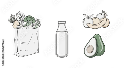 Healthy Groceries: Fresh Produce, Milk Bottle, and Avocados - Balanced Diet Concept