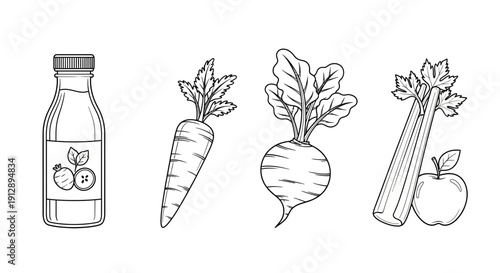 Healthy Juice Ingredients: Bottle, Carrot, Beetroot, Celery, Apple - Hand Drawn Sketch
