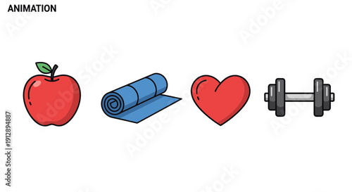 Healthy Lifestyle Icons: Apple, Yoga Mat, Heart, Dumbbell - Animation