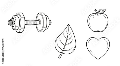 Healthy Lifestyle Icons: Dumbbell, Leaf, Apple, Heart - Fitness and Wellness Symbols
