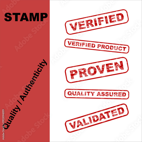 Vector set of five distressed red rubber stamps with text 'Verified', 'Verified Product', 'Proven', 'Quality Assured', and 'Validated' on a white background, ideal for branding or certification.