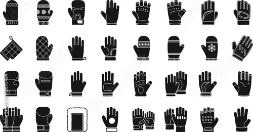 Glove Silhouette Icon Set with Winter, Work, Sport, and Protective Handwear Styles in Black for Safety, Fashion, and Equipment Design Projects