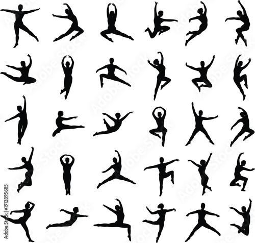 Ballet dancer silhouettes collection with graceful jumping poses classical dance black vector illustration isolated on white background
