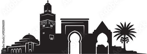 Marrakech skyline silhouette with iconic Koutoubia mosque and palm tree