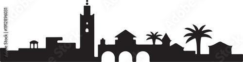 Marrakech skyline silhouette with iconic Koutoubia mosque and palm tree
