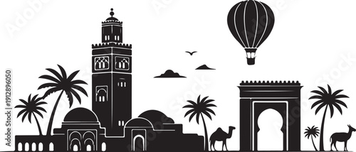 Marrakech skyline silhouette with iconic Koutoubia mosque and palm tree