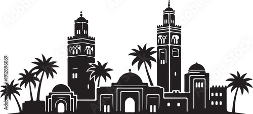 Marrakech skyline silhouette with iconic Koutoubia mosque and palm tree