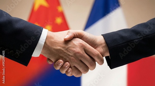 Close up of two businessmen in dark suits firmly shaking hands symbolizing a strong diplomatic agreement or partnership between China and France nations.