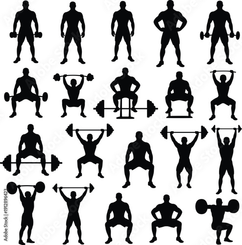 Bodybuilder silhouettes exercise set, weightlifting squat and overhead press gym workout vector illustration isolated on white background