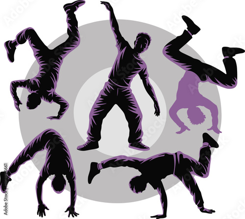 Breakdance dancers silhouettes with purple highlights performing hip hop street dance moves, urban vector illustration isolated on white