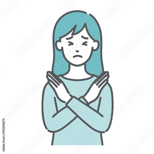 NGサインを出す・拒否する若い女性のイラスト（バツ印・上半身）