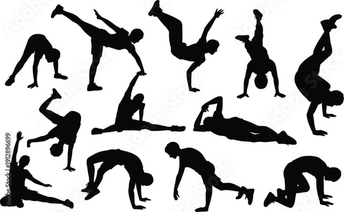 Breakdance silhouettes collection, hip hop dancers performing acrobatic street dance moves black vector illustration isolated on white background