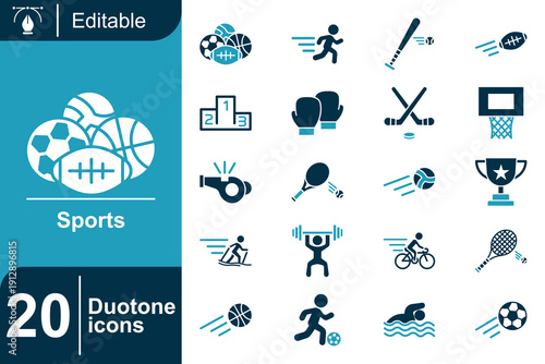 Sports icons set with diverse sporting equipment, activities, and achievements for graphic design and web projects