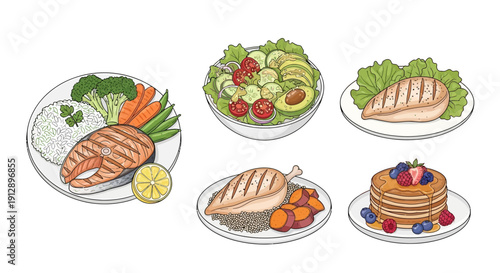 Healthy Meals Assortment: Grilled Salmon, Chicken Breast, Salad, and Pancakes