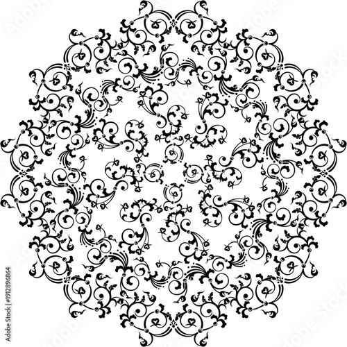 A beautiful black and white floral pattern with intricate swirling designs on a plain white background