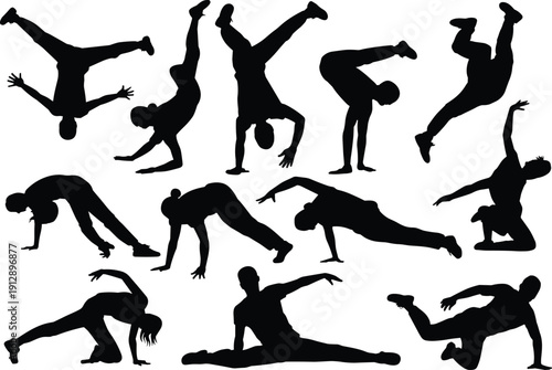 Breakdance silhouettes set, hip hop dancers performing dynamic street dance moves black vector illustration isolated on white background