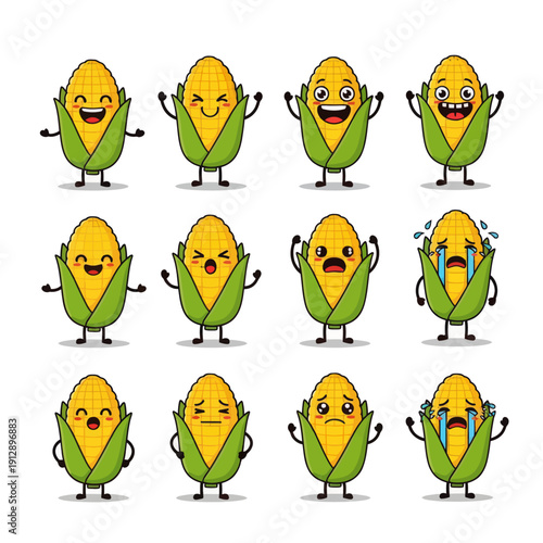 Cute Kawaii Corn Character Emoji Set. Funny Yellow Maize Mascot with Various Emotions and Expressions like Happy, Sad Crying, and Playing Guitar. Vector Sticker Pack for Kids and Food Design.