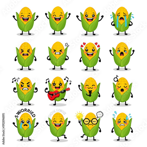 Cute Kawaii Corn Character Emoji Set. Funny Yellow Maize Mascot with Various Emotions and Expressions like Happy, Sad Crying, and Playing Guitar. Vector Sticker Pack for Kids and Food Design.
