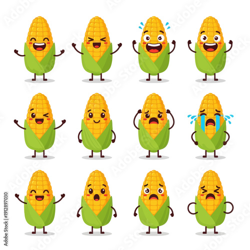 Cute Kawaii Corn Character Emoji Set. Funny Yellow Maize Mascot with Various Emotions and Expressions like Happy, Sad Crying, and Playing Guitar. Vector Sticker Pack for Kids and Food Design.