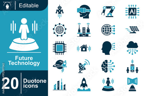 Set of 20 duotone icons representing future technology, including robotics, AI, virtual reality, and smart city concepts