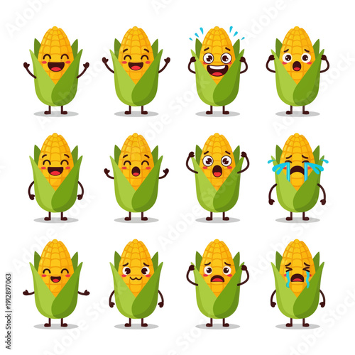 Cute Kawaii Corn Character Emoji Set. Funny Yellow Maize Mascot with Various Emotions and Expressions like Happy, Sad Crying, and Playing Guitar. Vector Sticker Pack for Kids and Food Design.