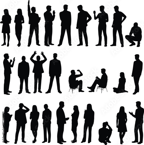 Business people silhouette set in various poses standing sitting discussing isolated on white background corporate teamwork concept